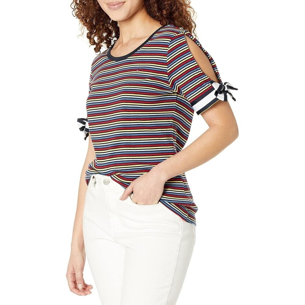 Tommy Hilfiger Women Multi Color Stripe T-shirt Bow Sleeve Classic Fit Sz M